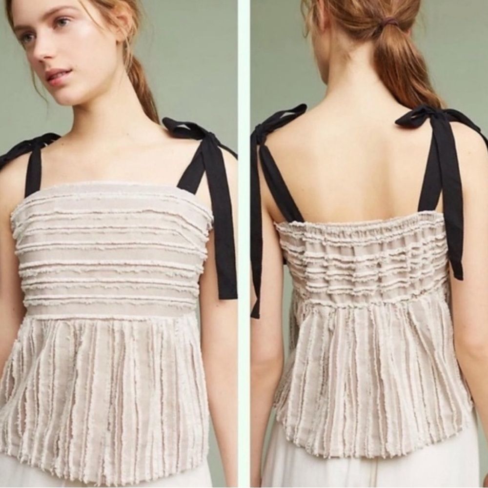 Anthropologie Maeve Cream Textured Tank Top with Black Tie Straps